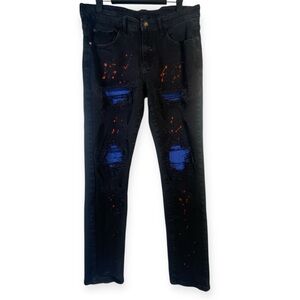 Stylish Repaired Paint Black and Blue Distressed Skinny Jeans